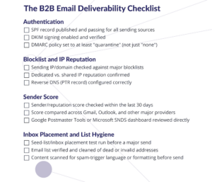This image links to a downloadable email deliverability tools checklist with interactive tick boxes. Click here to open the checklist in a new tab.
